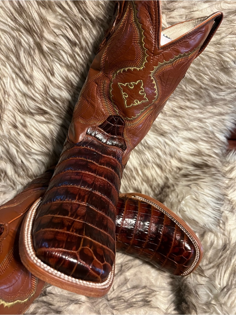 Men's Brown Exotic CAIMAN Print & Leather Western Boots with Embossed Shaft Sz 8 - Picture 15 of 15